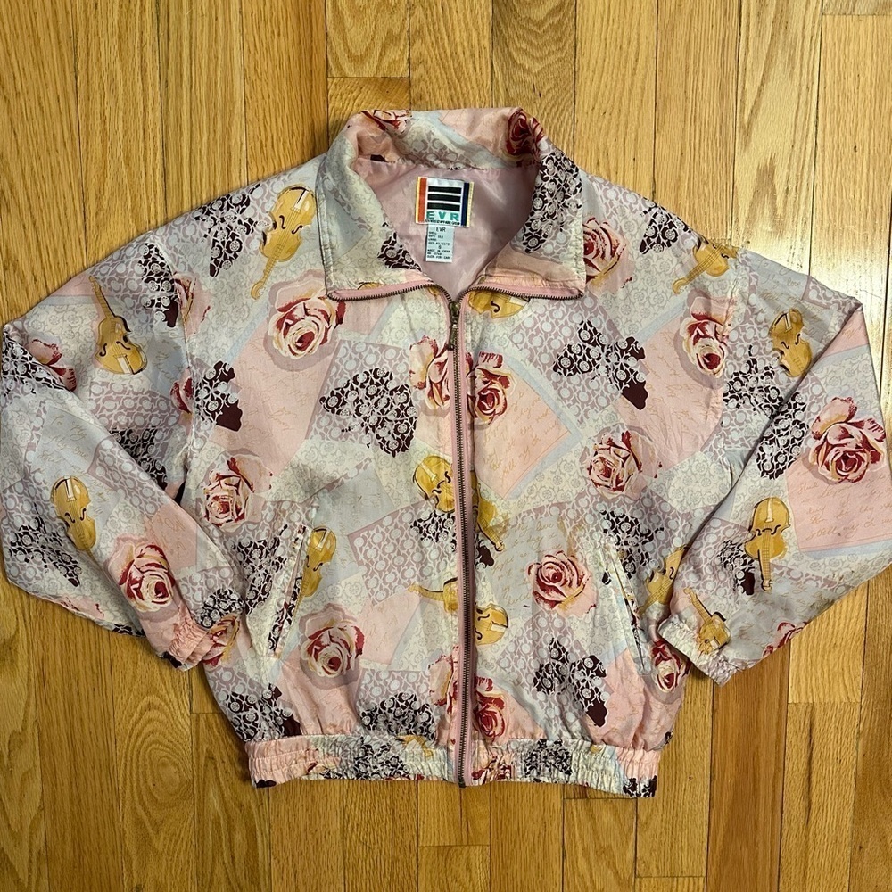 Vintage EVR Rousso Silk Bomber Jacket Pink Floral Butterfly Violins Women S